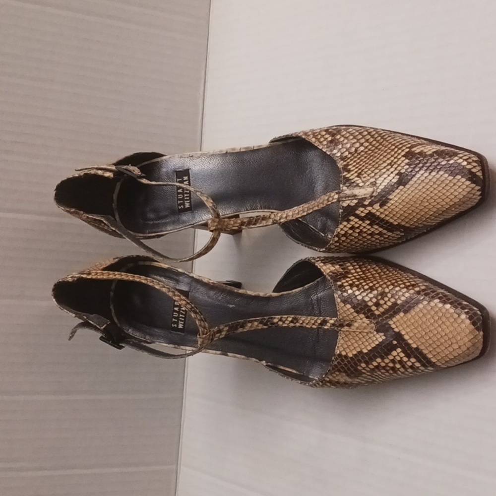 Stuart Weitzman size 7B women's snake print t-strap high-heel shoes brown cream. - Picture 4 of 17